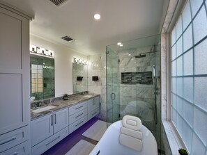 Hair dryer, towels, soap, shampoo