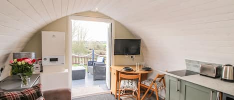 Fridge, electric kettle, toaster, cookware/dishes/utensils