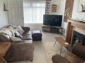 Smart TV, fireplace, DVD player, books