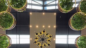 A modern interior with a central chandelier, surrounded by circular planters with greenery. - Hotel Casa Real  (San Andrés Cholula)