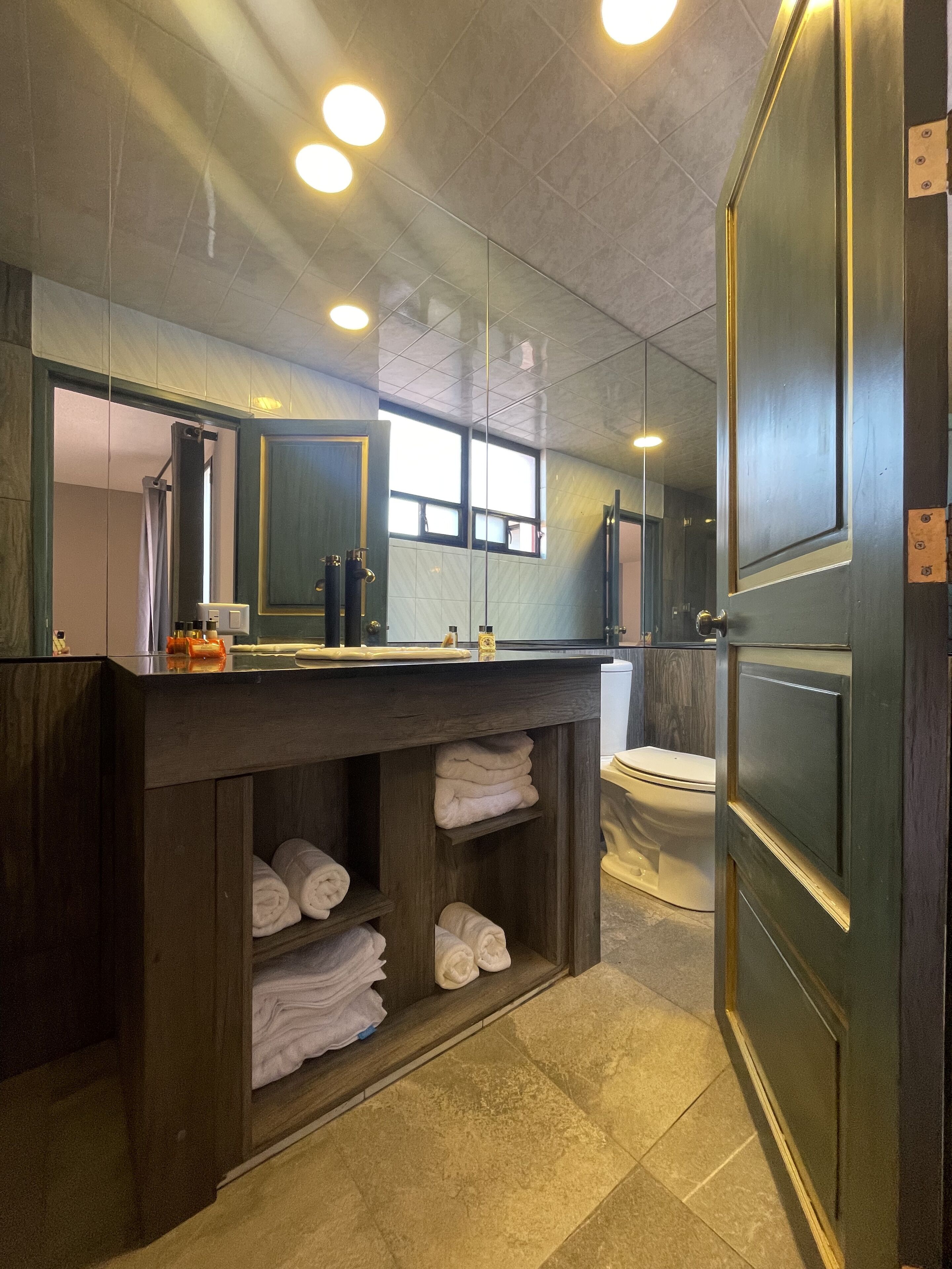 A modern bathroom with a dark wooden vanity, a large mirror, and a toilet.