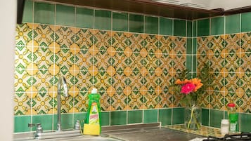 Classic Apartment | Private kitchen | Full-size fridge, microwave, toaster oven, cookware/dishes/utensils