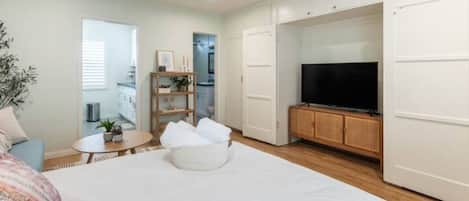 A bedroom with a bed, a TV, a ceiling fan, a small table with a plant, and a wardrobe.