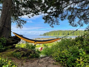 Una hamaca atada entre árboles con vista a una costa rocosa y un bosque al fondo.