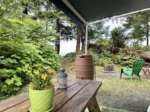 A wooden table with a potted plant and a lantern, set outdoors with a view of trees and a body of water. - So Damn Lucky Glamping (Ucluelet)