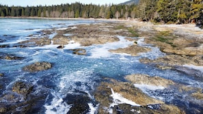 Una costa rocosa con aguas azul turquesa, rodeada de un bosque denso y montañas al fondo.