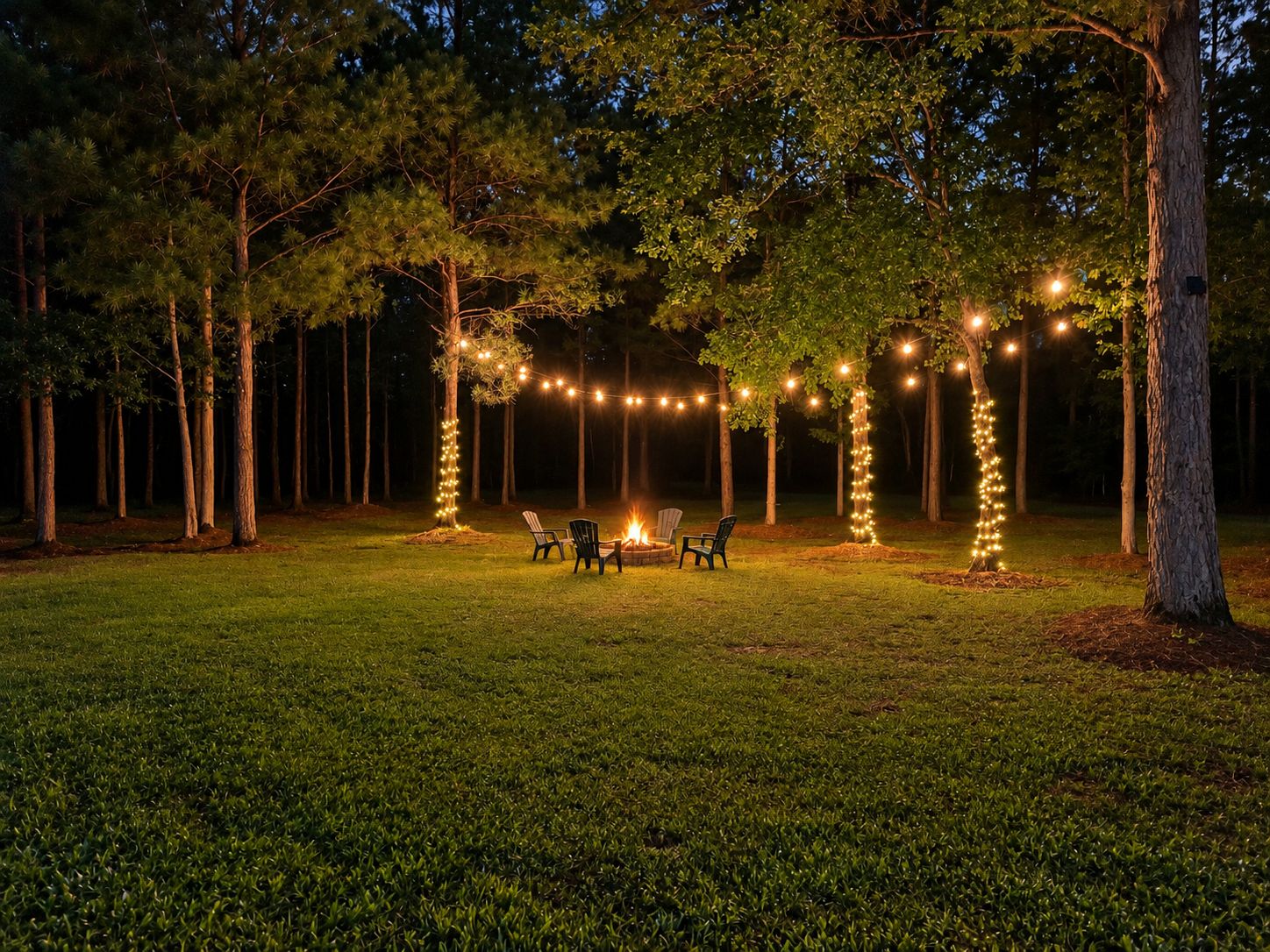 Un espace extérieur aménagé avec des chaises et un foyer, entouré d’arbres et illuminé de guirlandes lumineuses.