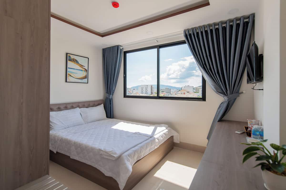 Una camera da letto con un letto, una finestra con tende, una TV a parete e una pianta in vaso.