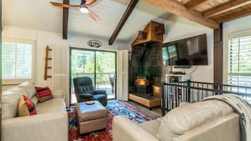 Smart TV, fireplace, DVD player, video library