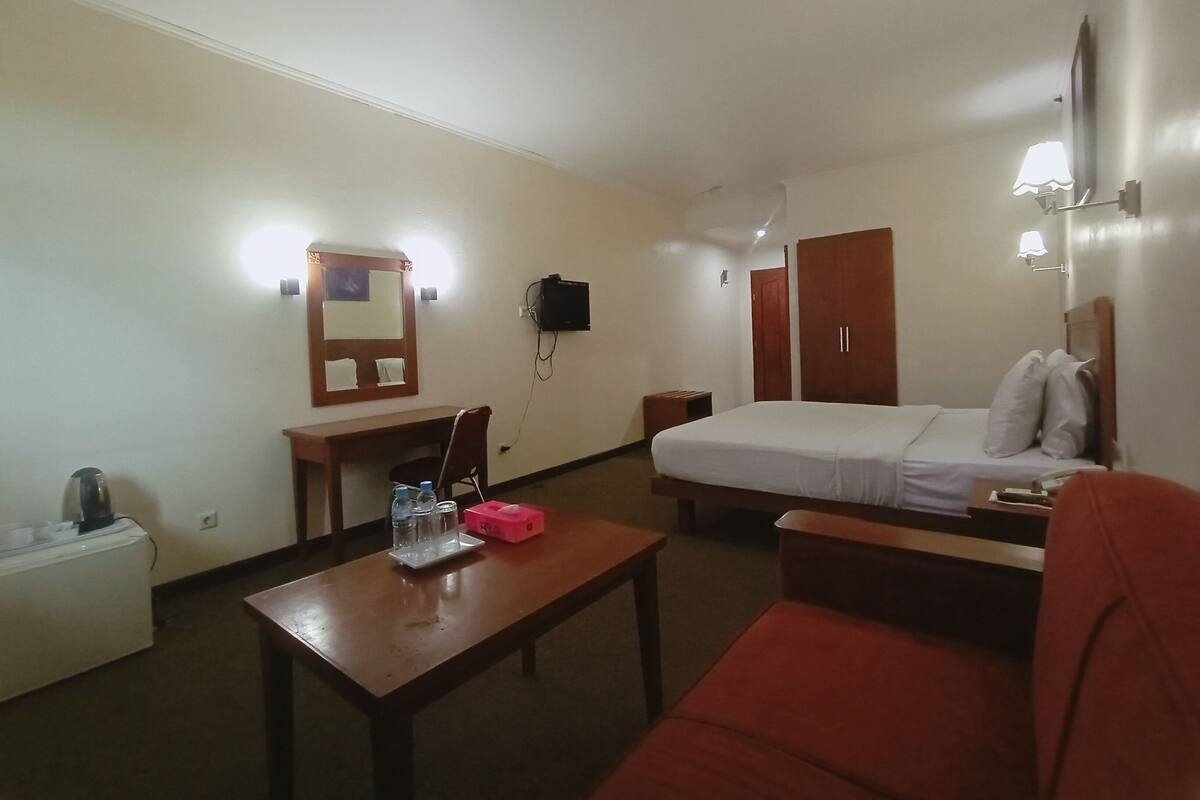 Une chambre d’hôtel comprenant un lit, un bureau, une chaise, une petite table, un miroir, une télévision et une armoire.