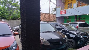 Un área de estacionamiento con varios coches, incluyendo un Toyota negro y un coche naranja.