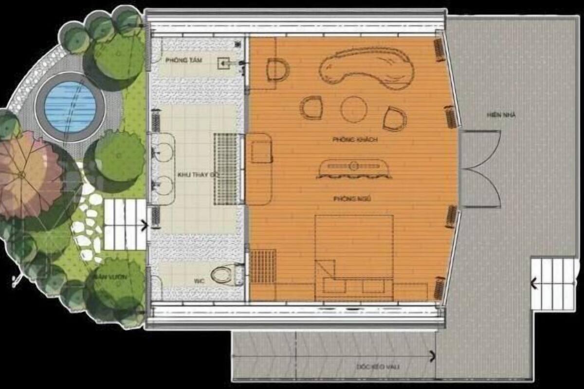 A floor plan of a hotel with a swimming pool, a gym, and a restaurant area.