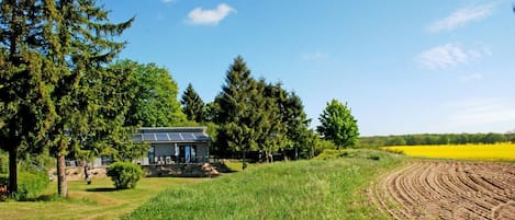 A house with solar panels, surrounded by trees and a field.