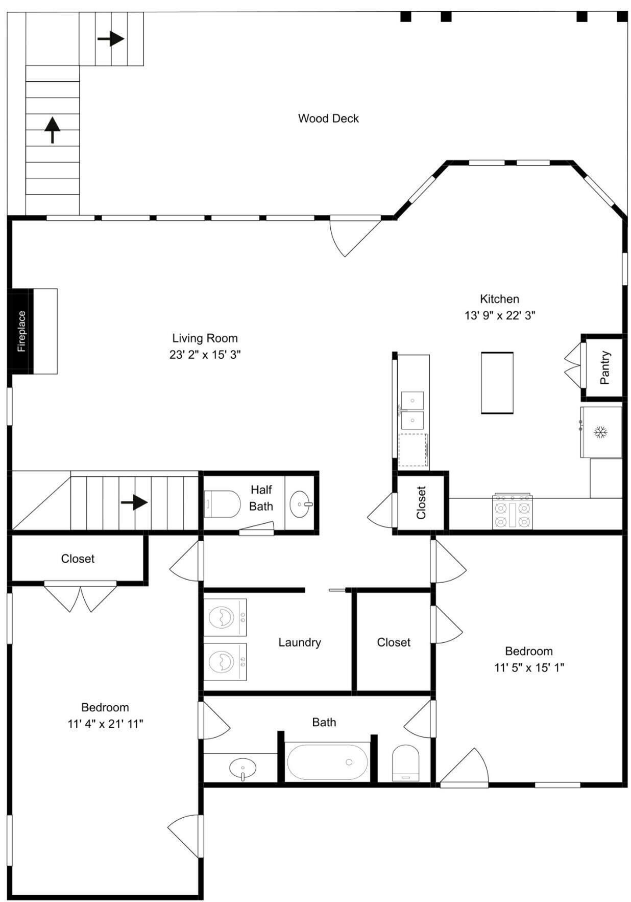 A floor plan with a living room, two bedrooms, a bathroom, a half bath, a laundry room, a closet, a kitchen, and a wood deck.