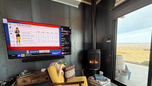 A modern living room with a large TV displaying a sports game, a cozy chair, a fireplace, and a view of the outdoors. - Northwest View Quincy easy walk to Gorge Amphitheater, Cave B Winery, Sagecliffe (Quincy)