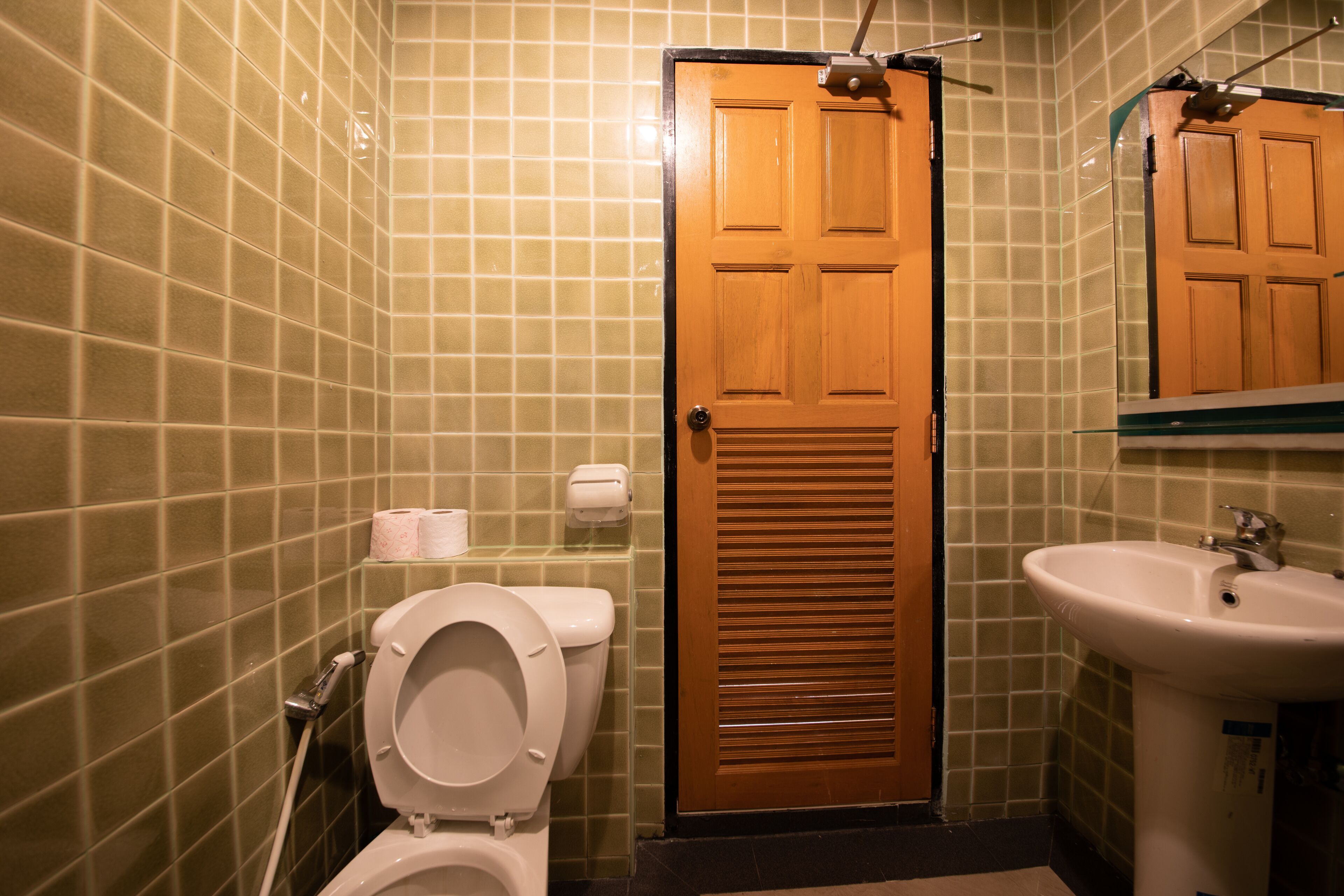 A bathroom with a toilet, sink, and a wooden door.