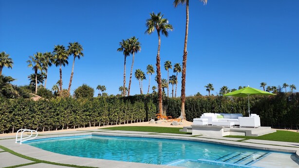 A swimming pool surrounded by palm trees and a green umbrella. - PS, Love Always (Palm Springs)