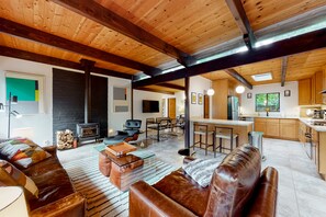 TV, fireplace - Mid-century home in the redwoods with expansive deck, garden & woodstove (Gualala)