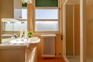 Une salle de bain avec un lavabo, un miroir, une plante en pot et une fenêtre donnant sur une clôture.