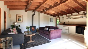 Un salon moderne avec un canapé, une table basse et une cheminée.