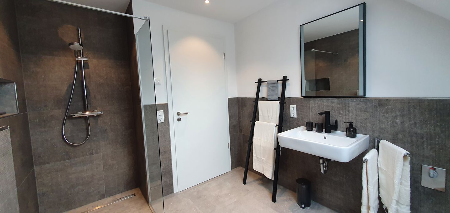 A modern bathroom with a shower, a sink, a mirror, and a towel rack.