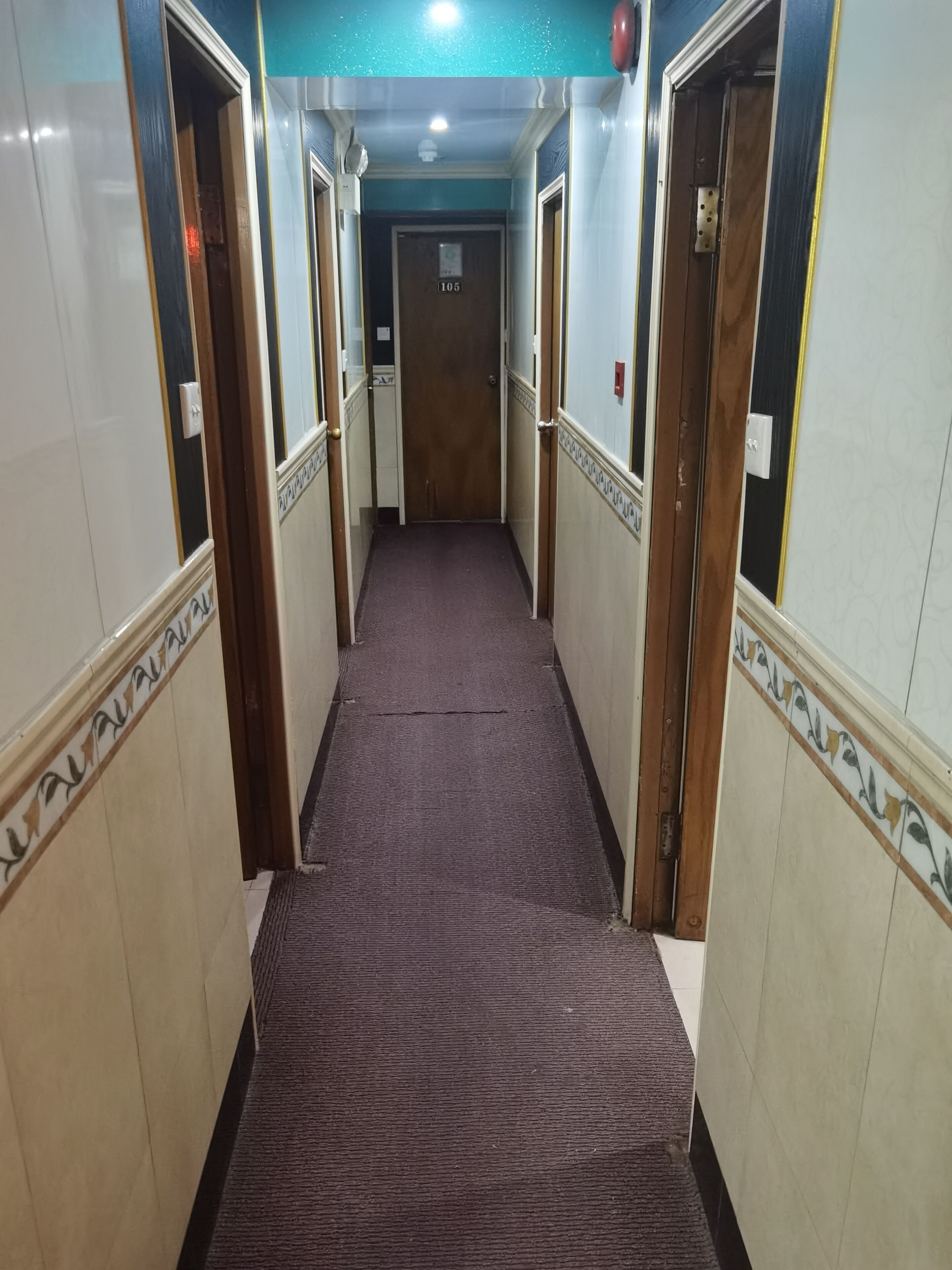 A hallway with a carpeted floor, doors on both sides, and a number '105' on the door at the end.