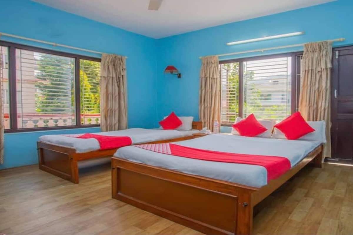 A room with two wooden beds, blue walls, and large windows with curtains.