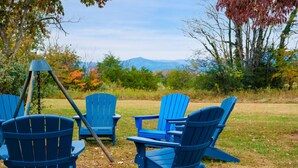 A grassy outdoor area with several blue Adirondack chairs and a swing set. - Ideal for family summer vacations or a few couples wine weekend/mountain getaway (Lovingston)