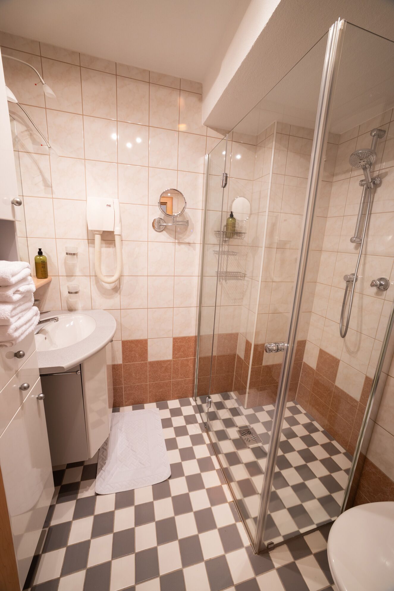 Hair dryer, towels, soap, shampoo