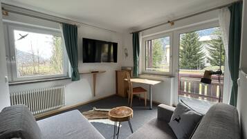 Smart-TV, Tischtennisplatte, Bücher, Drucker