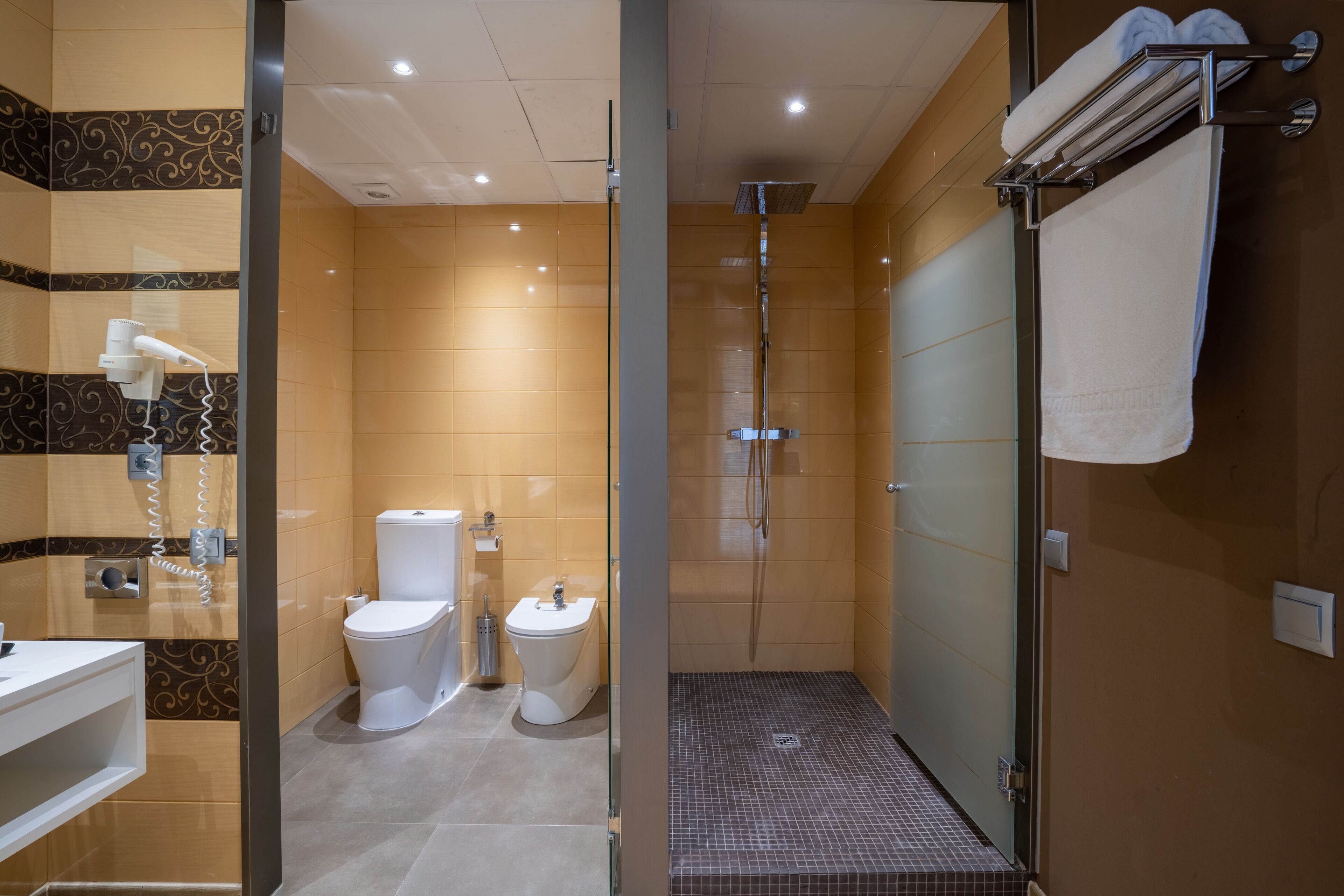 Un baño con ducha de vidrio, inodoro y bidé.