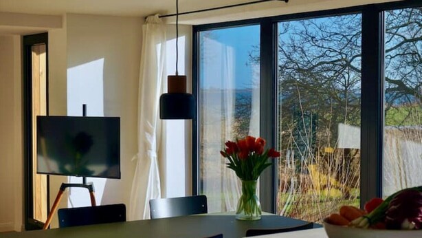 Un espace repas moderne avec une grande fenêtre, un tableau au mur et un vase de fleurs rouges sur la table.