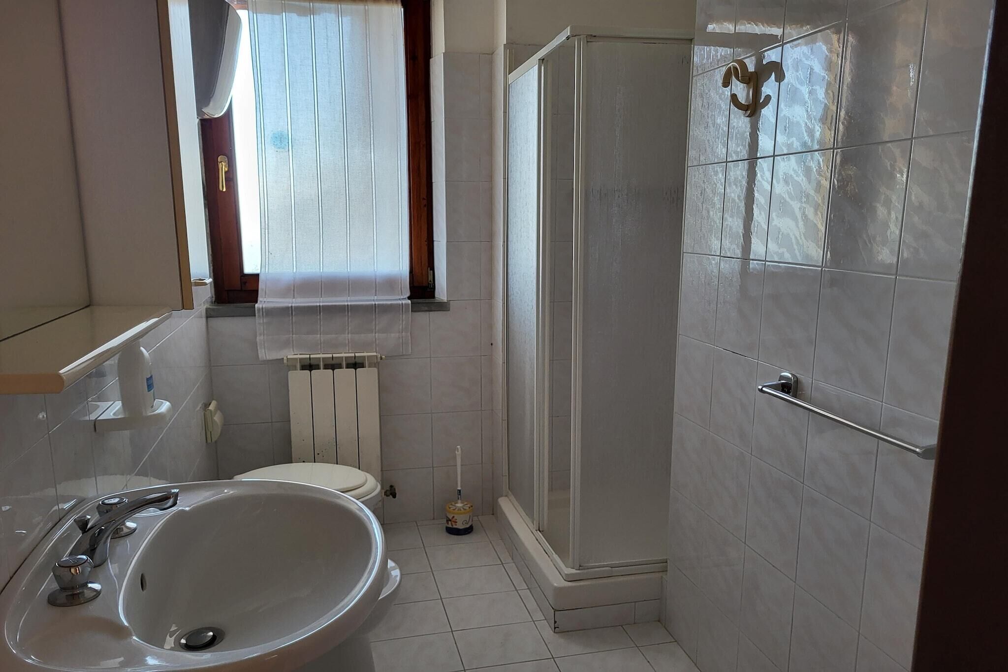 A bathroom with a sink, toilet, shower, and a window with curtains.