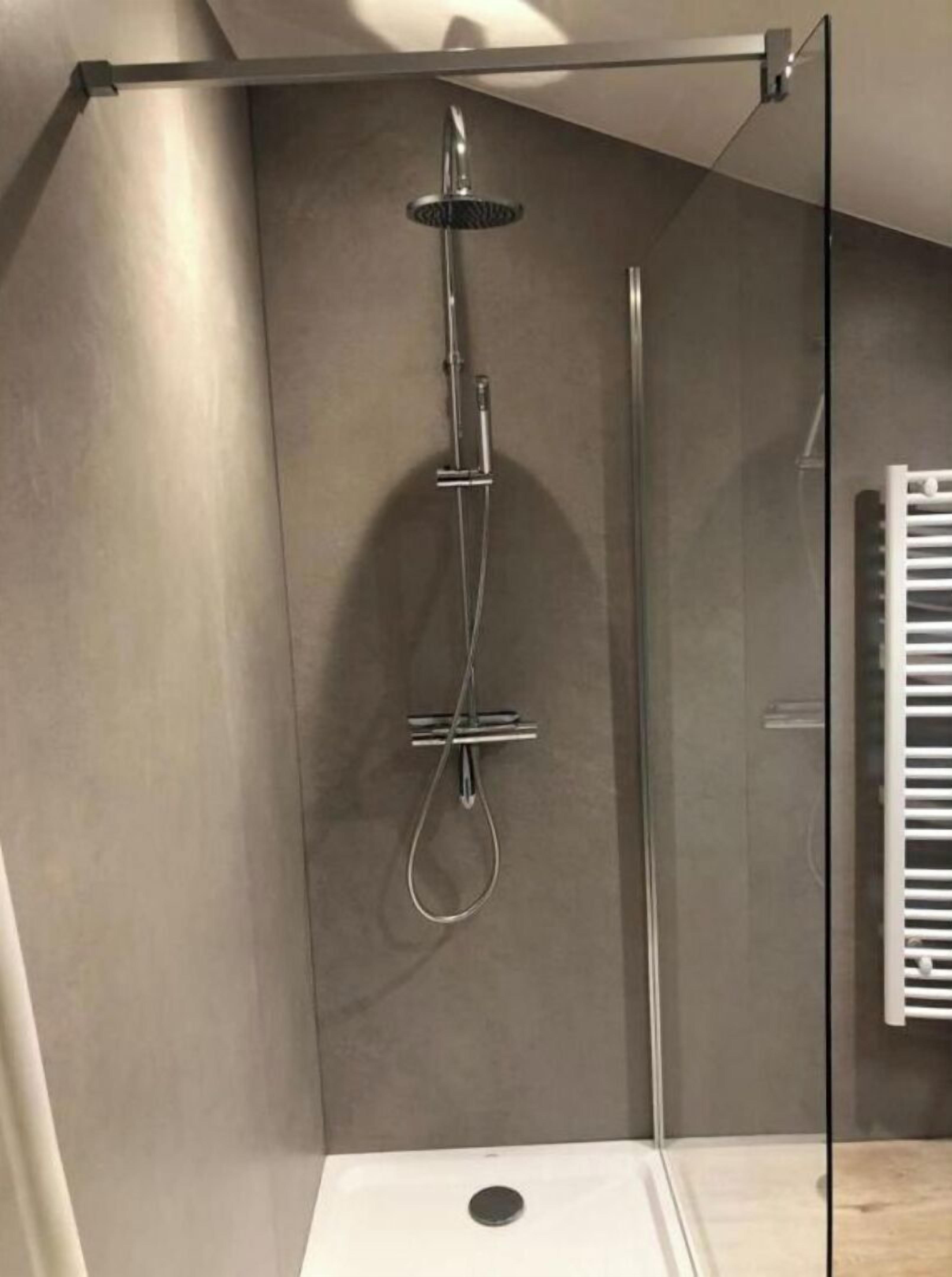 Une cabine de douche moderne dotée d’une porte en verre, d’un pommeau de douche à main et d’un pommeau de douche à pluie vertical.