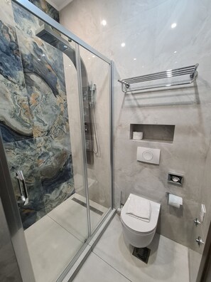 Bathroom features a glass-enclosed shower with handheld showerhead and control panel, a toilet, and storage shelf.
