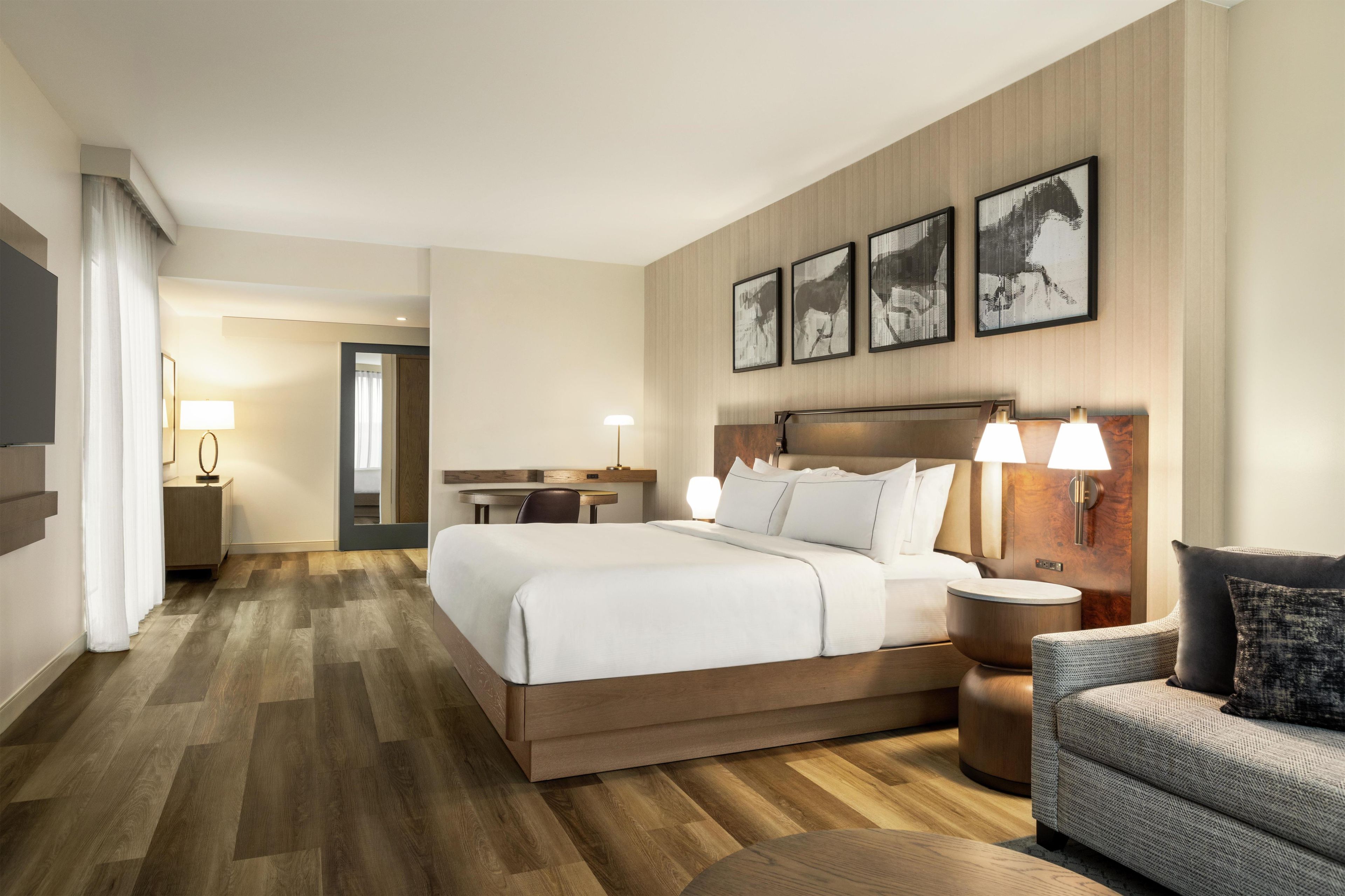A hotel room with a large bed, a desk, a chair, and a sofa.