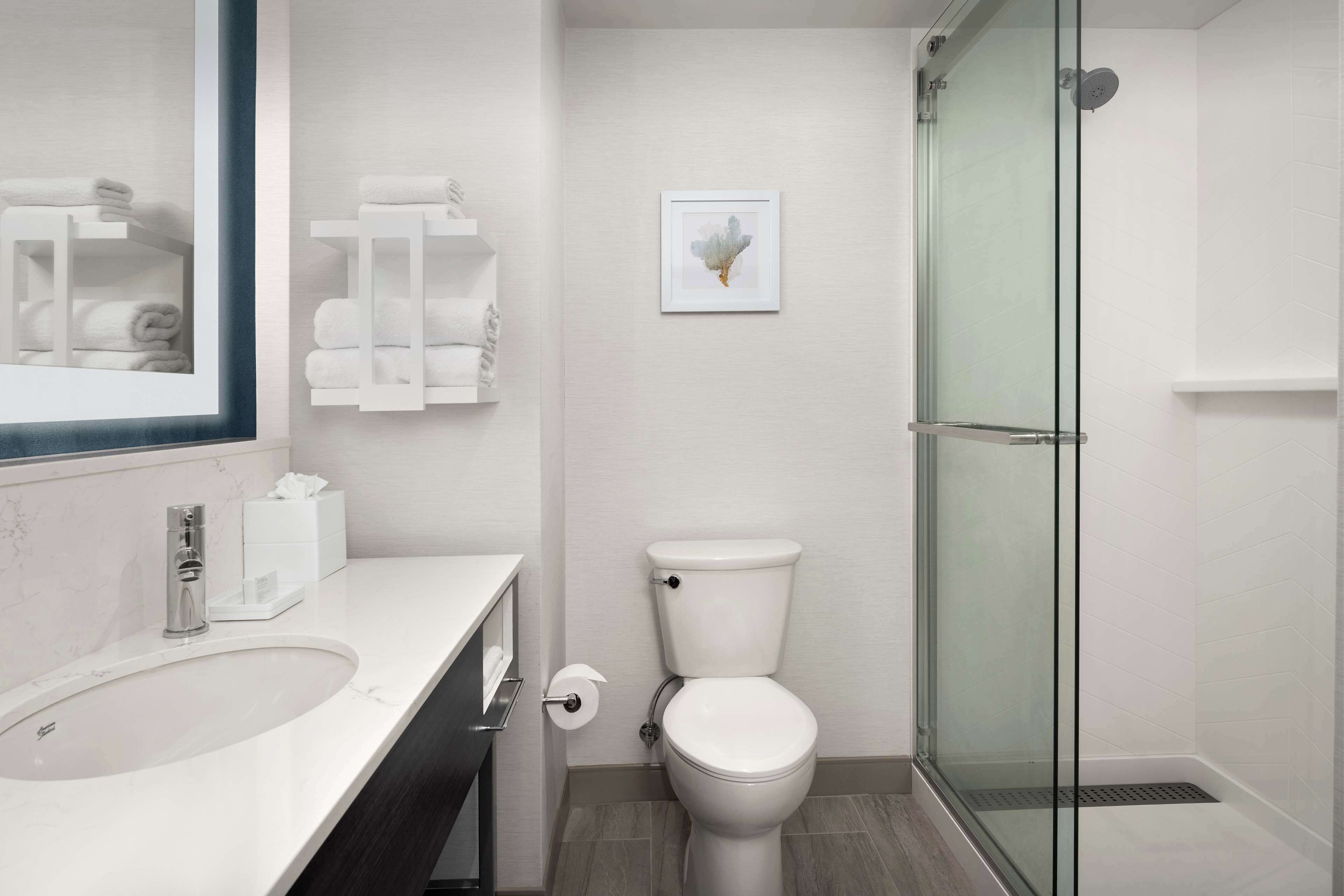 A modern bathroom with a white sink, toilet, and glass shower enclosure.