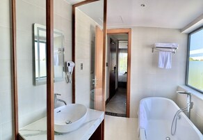 Habitación Deluxe con 1 cama doble o 2 individuales | Baño | Artículos de higiene personal gratuitos, secador de pelo y zapatillas