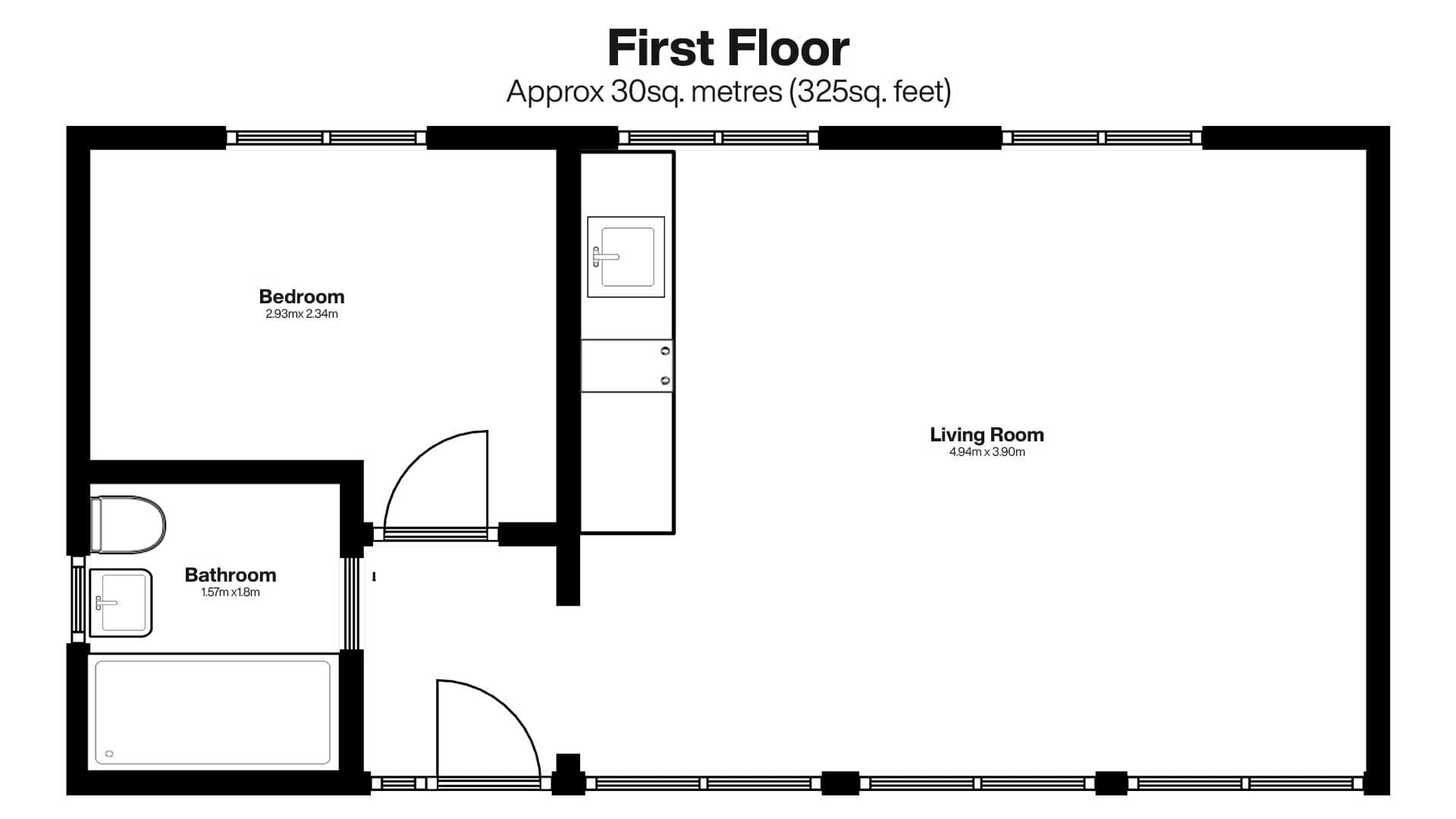 A first-floor floor plan with a bedroom (2.93m x 2.34m), a bathroom (1.57m x 1.8m), and a living room (4.94m x 3.90m).