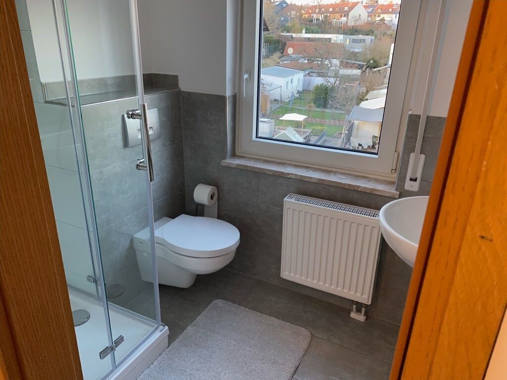 Ein modernes Badezimmer mit Duschkabine aus Glas, Toilette, Handtuchwärmer und Blick auf die Umgebung durch ein Fenster.