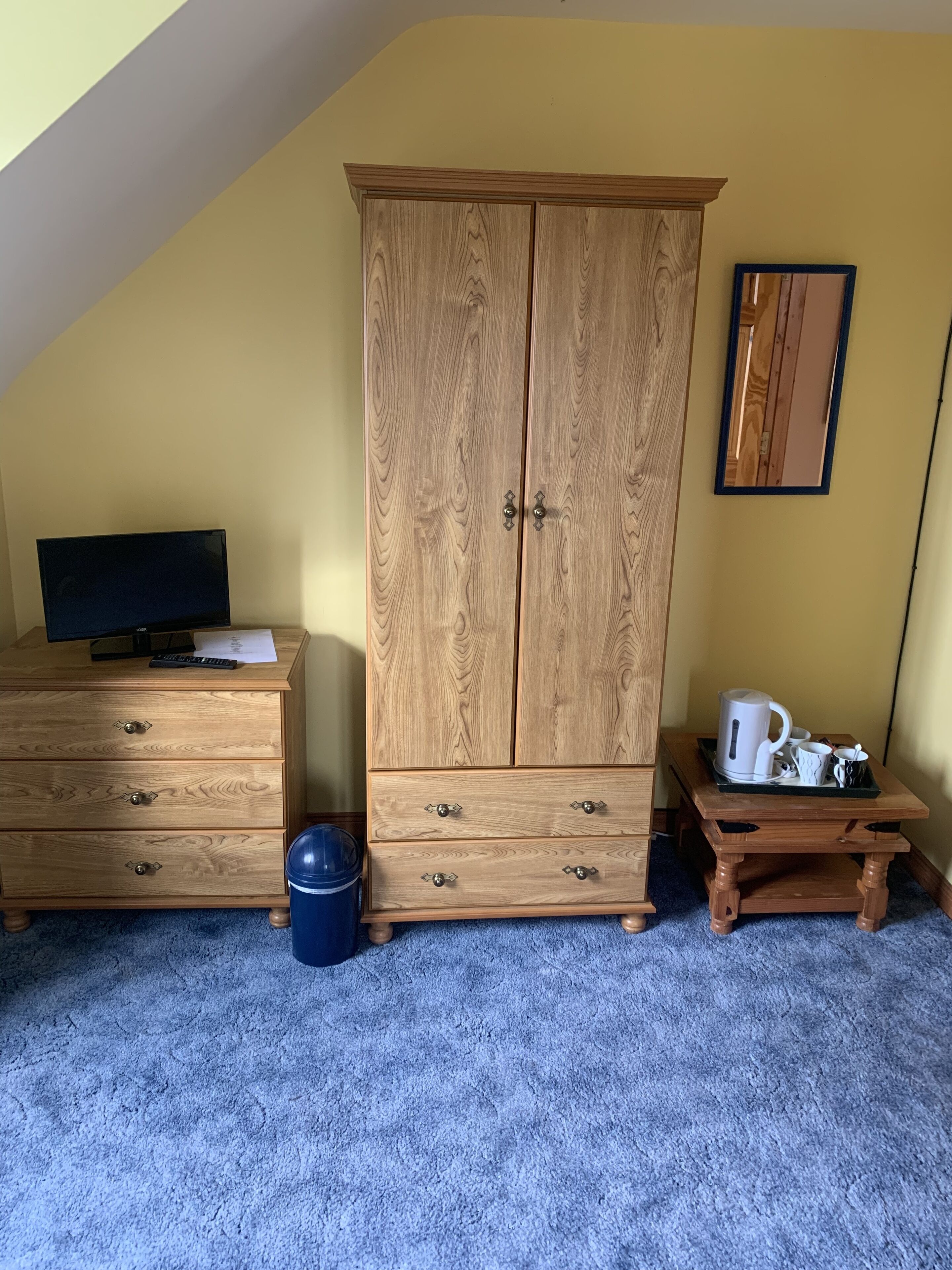 A room with a wooden wardrobe, a small table with a kettle and cups, a television on a dresser, and a blue trash bin.