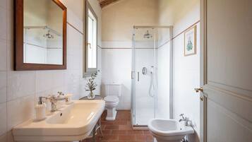 A bathroom with a glass-enclosed shower, a sink, a toilet, and a bidet.