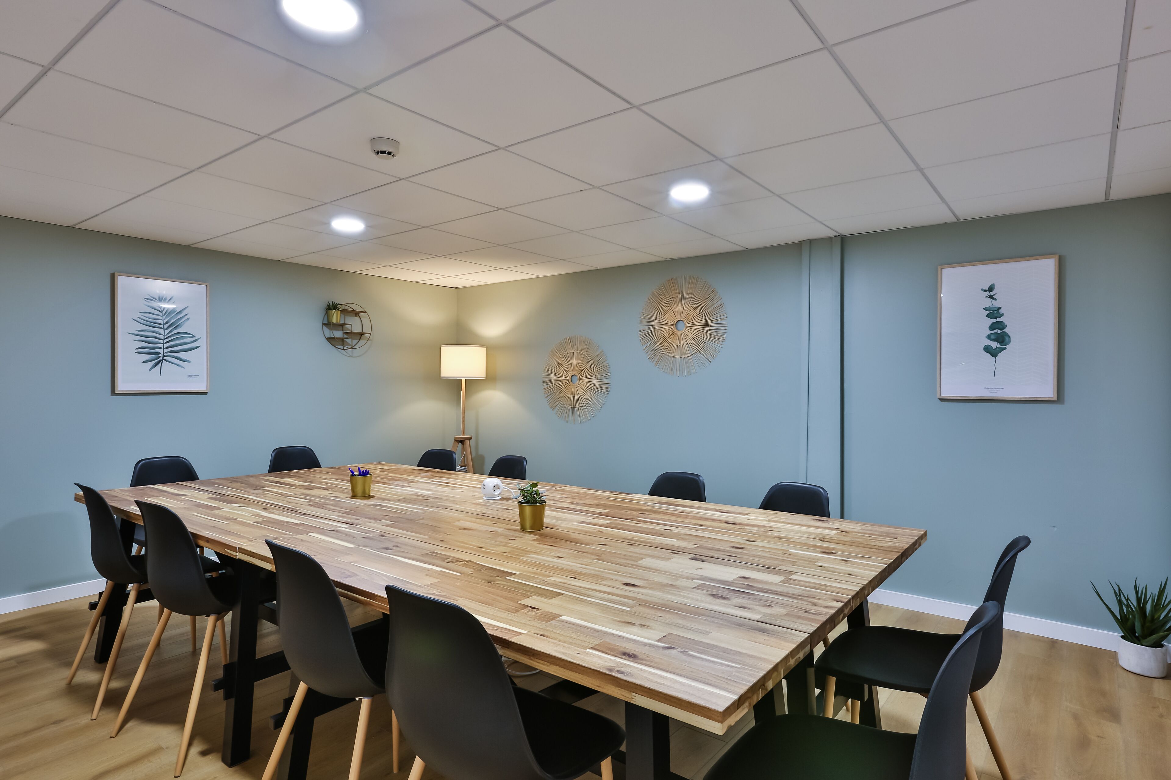 Une salle de conférence avec une longue table en bois, des chaises noires et des reproductions botaniques encadrées accrochées aux murs.