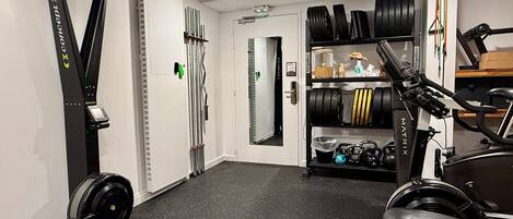 A gym with exercise equipment, a treadmill, and a mirrored wall.
