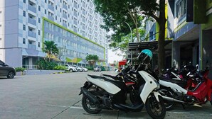 A motorcycle parked on a city street.