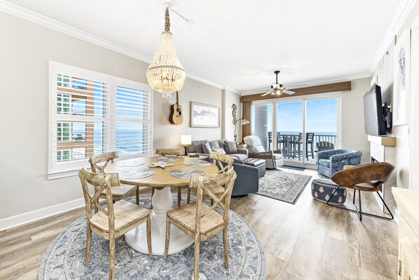 Smart TV, fireplace, DVD player, books