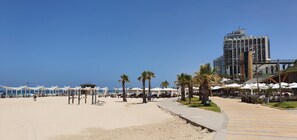 A beachside promenade with palm trees, beach umbrellas, and a modern hotel in the background.