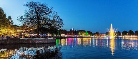 Een nachtzicht van een park aan de rivier met een fontein, bomen en verlichte gebouwen.