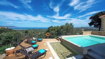 Seasonal outdoor pool, sun loungers