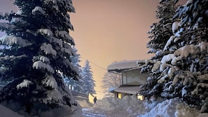 A snow-covered pathway leading to a building with a sloped roof, surrounded by snow-laden trees. - NAOUSSA MOUNTAIN RESORT (Naousa)